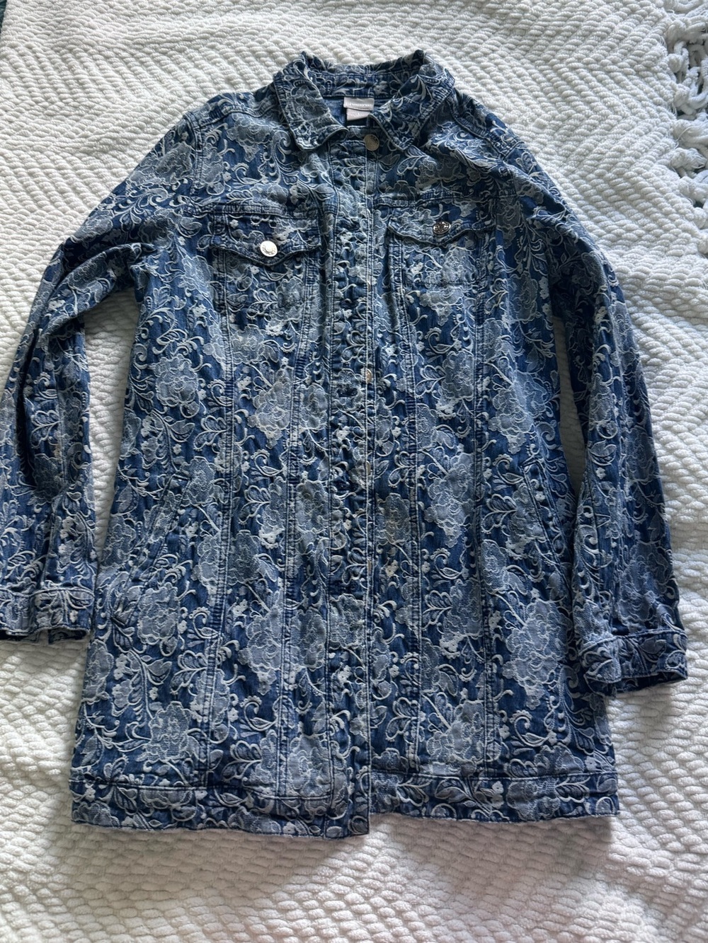 Chico's Blue Floral Embroidered Denim Jacket